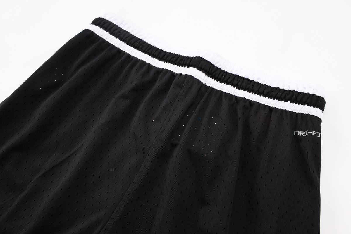 NBA Basketball Shorts – Black & White Wordmark Diamond Mesh Design