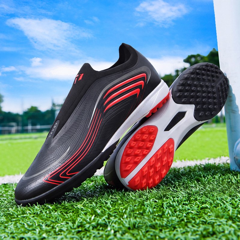 Messi Laceless Turf Football Boots — Black & Red