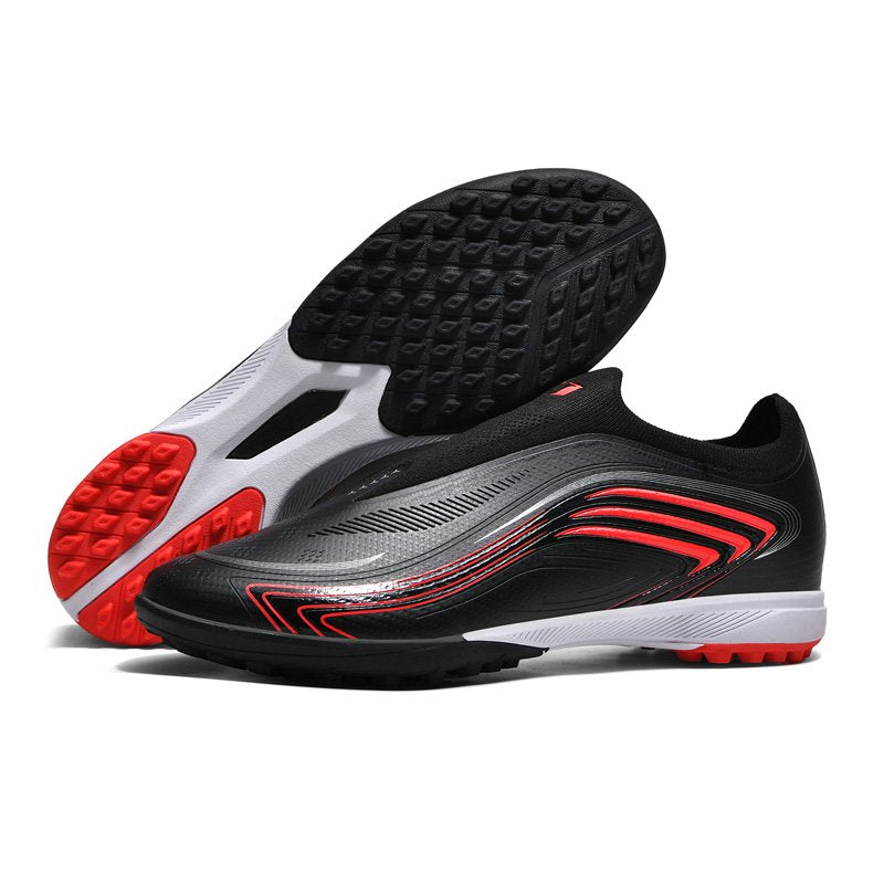 Messi Laceless Turf Football Boots — Black & Red