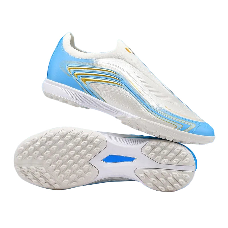 Messi Laceless Turf Football Boots — Sky Blue & White