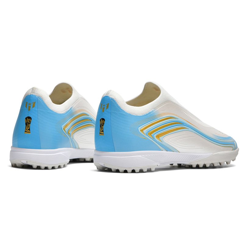 Messi Laceless Turf Football Boots — Sky Blue & White