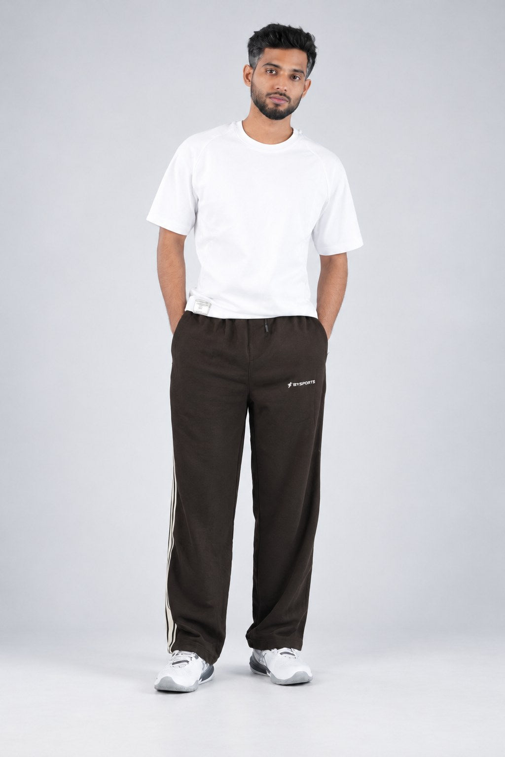 BYSPORTS Premium Side-Stripe Trouser For Men & Women – Brown, worn by model 2 | BYSPORTS