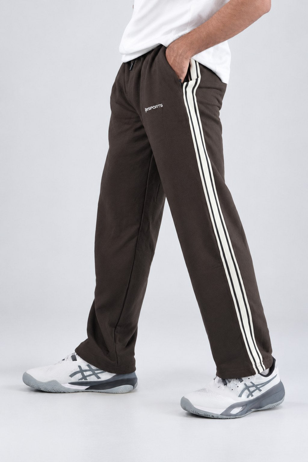 BYSPORTS Premium Side-Stripe Trouser For Men & Women – Brown, side view on model | BYSPORTS