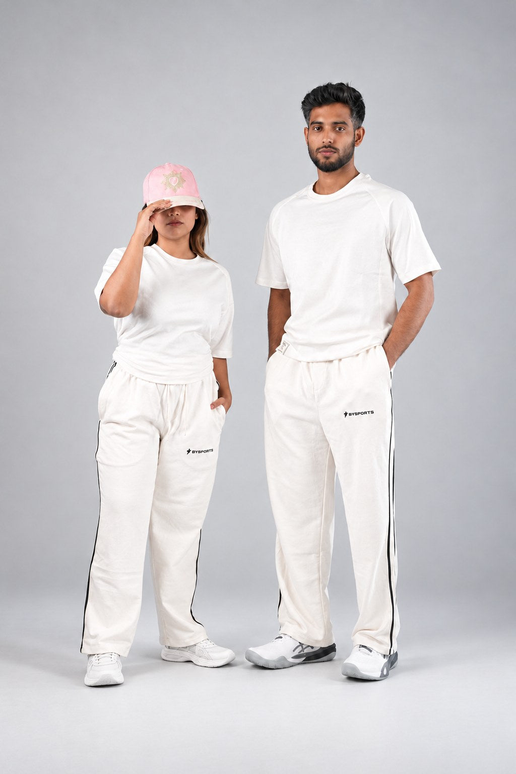 BYSPORTS Premium Side-Stripe Trouser For Men & Women – Cream, worn by male and female models | BYSPORTS