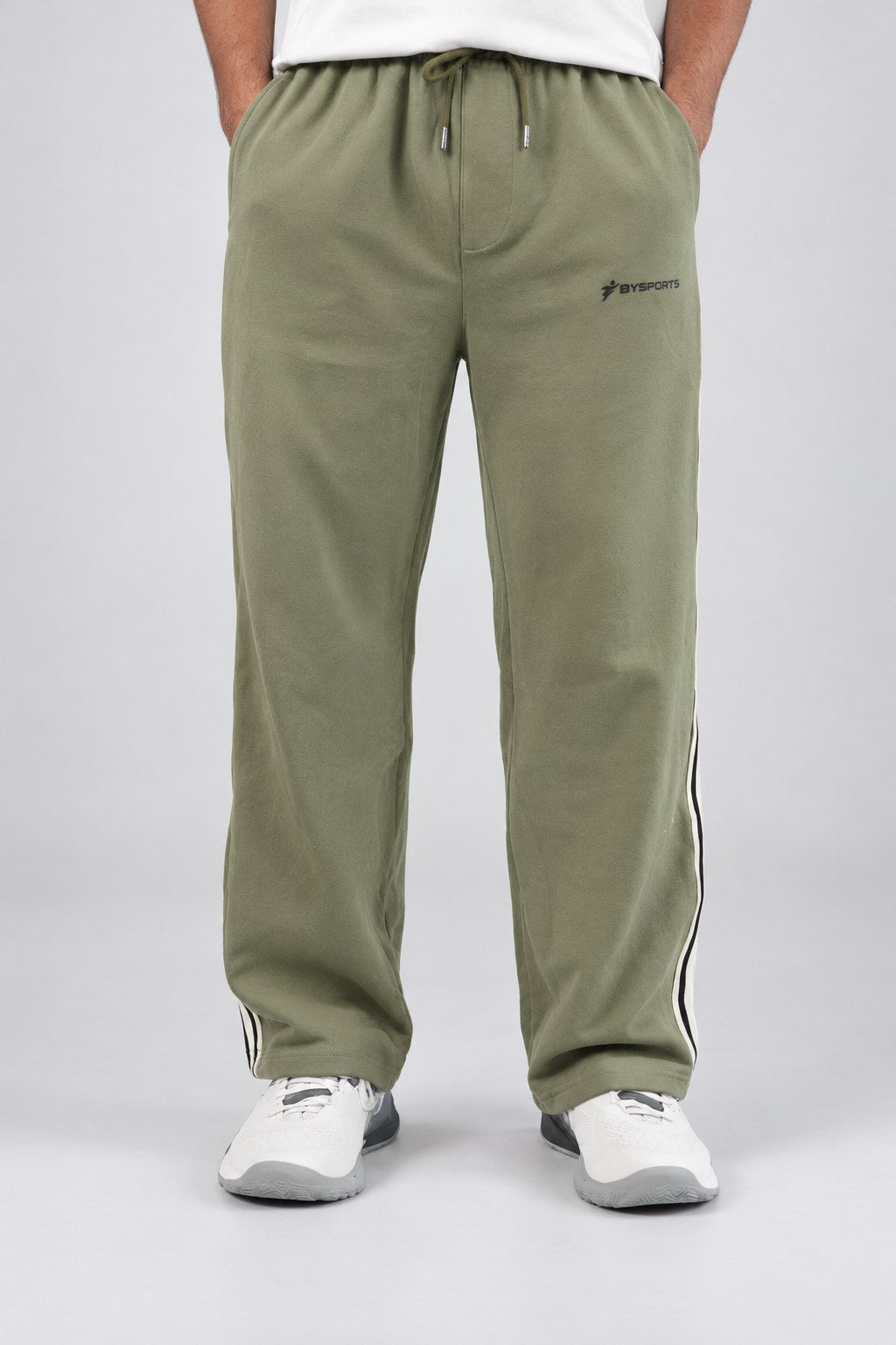 BYSPORTS Premium Side-Stripe Trouser For Men & Women – Olive, worn by model | BYSPORTS
