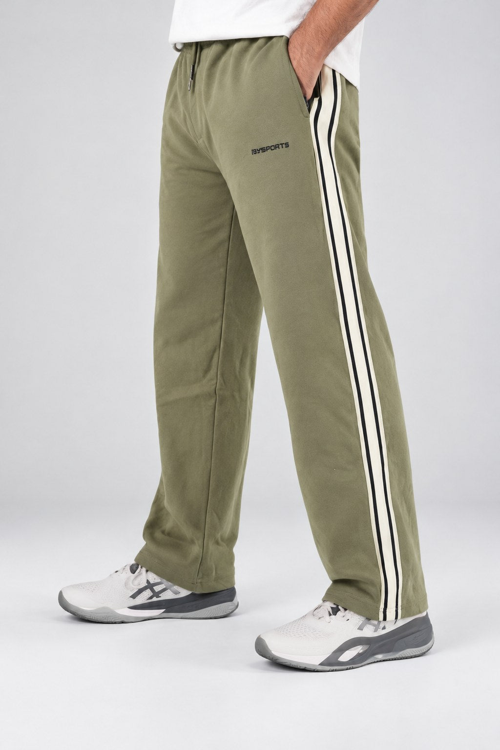 BYSPORTS Premium Side-Stripe Trouser For Men & Women – Olive, side view on model | BYSPORTS