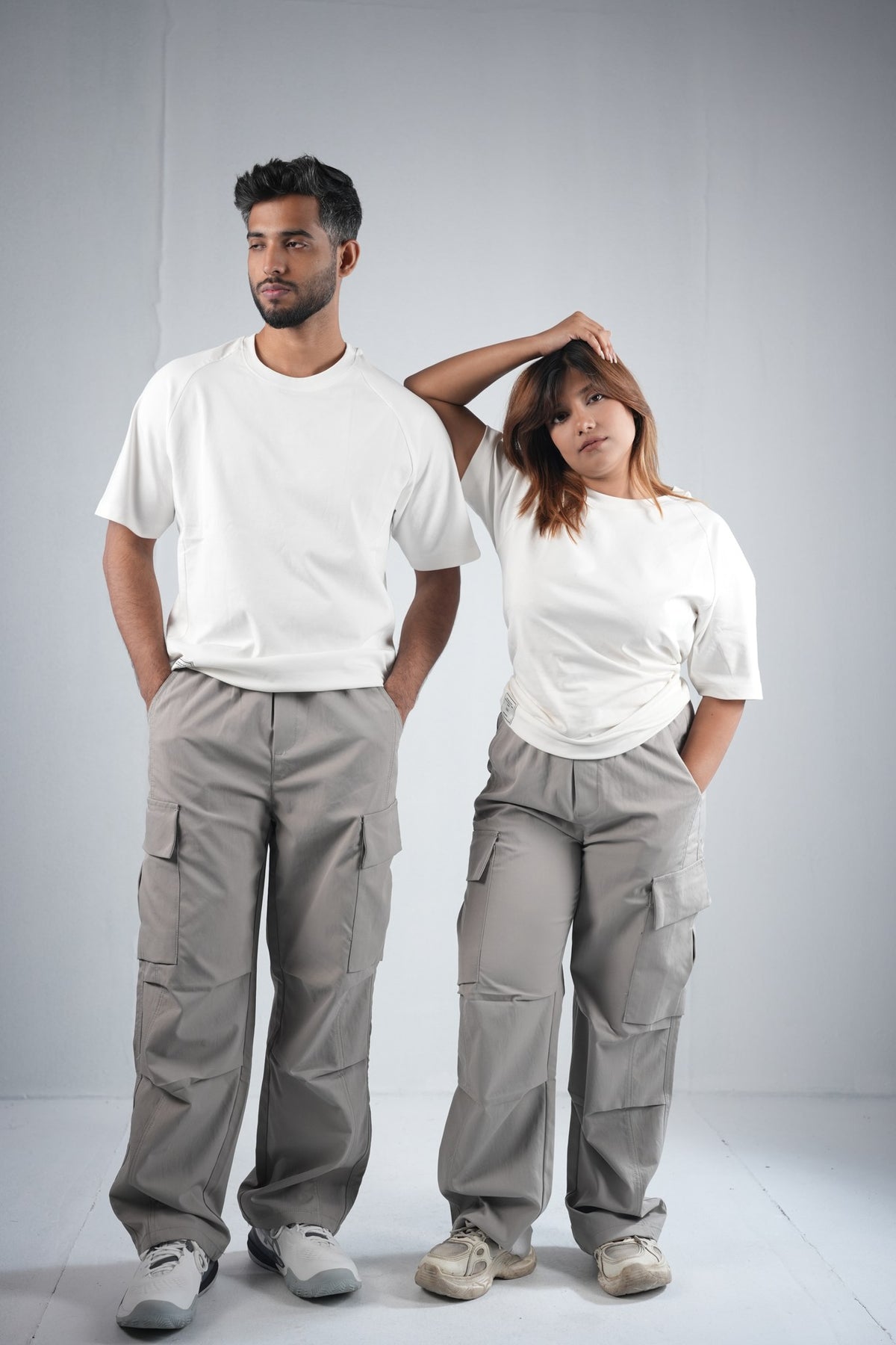 Premium Cargo Pant For Men & Women – Stone Grey, worn by male and female models 2 | BYSPORTS