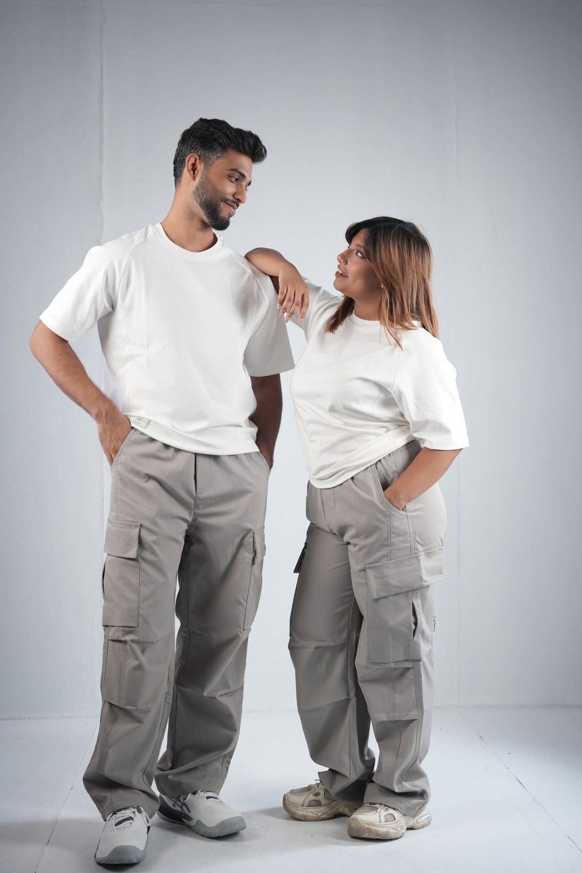 Premium Cargo Pant For Men & Women – Stone Grey, worn by male and female models 3 | BYSPORTS