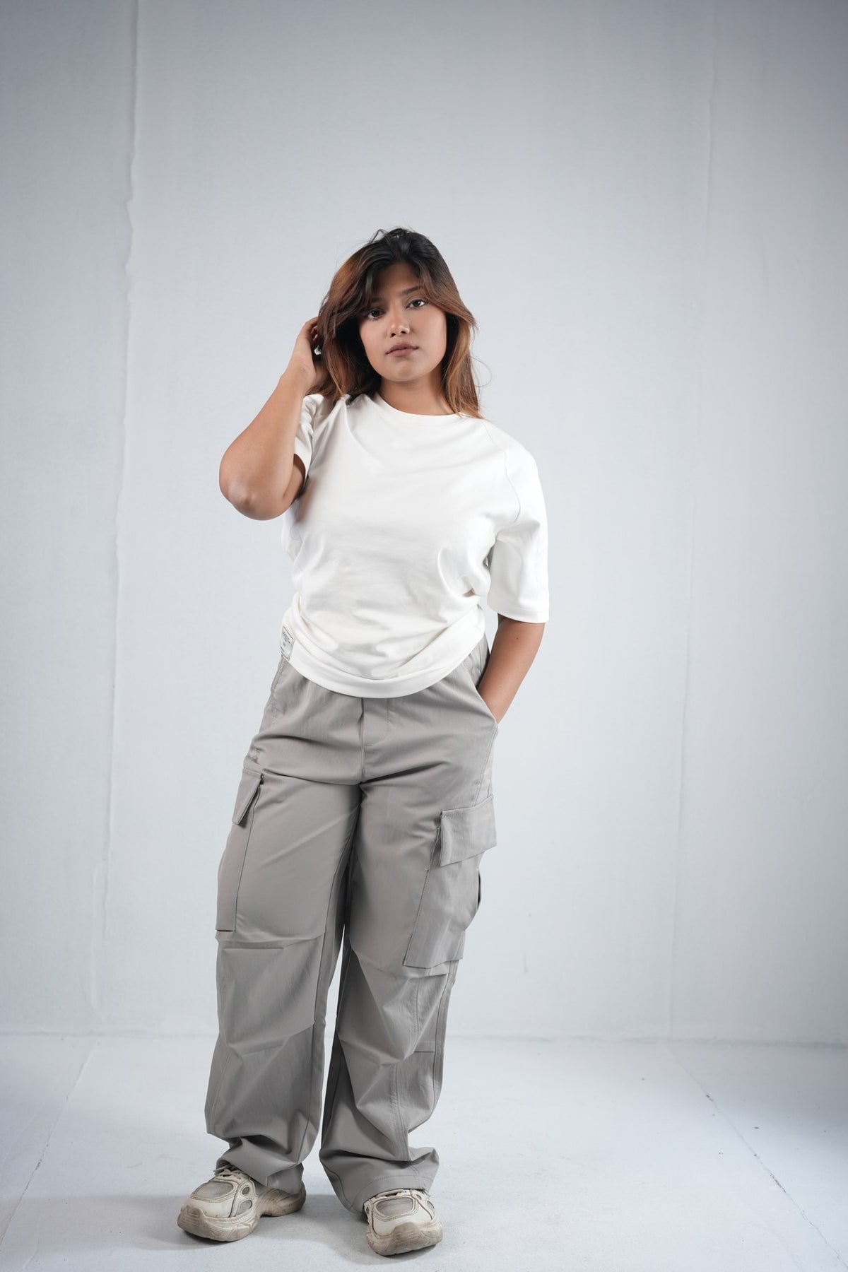 Premium Cargo Pant For Men & Women – Stone Grey, worn by model 3 | BYSPORTS