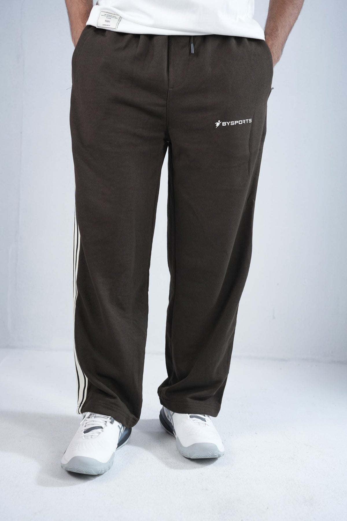 BYSPORTS Premium Side-Stripe Trouser For Men & Women – Brown, worn by model 4 | BYSPORTS