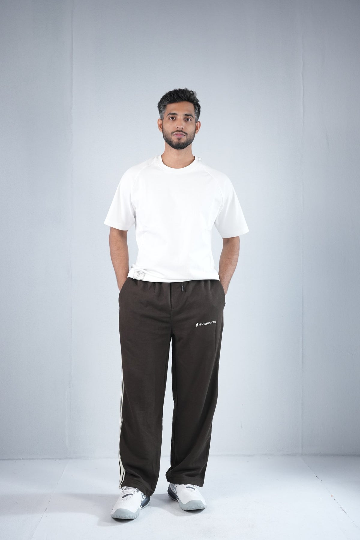 BYSPORTS Premium Side-Stripe Trouser For Men & Women – Brown, worn by model 5 | BYSPORTS